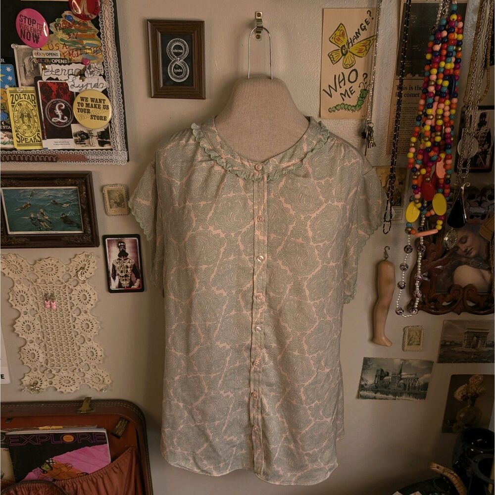 Pastel Paisley Button Up Blouse Women's XL Green Pink